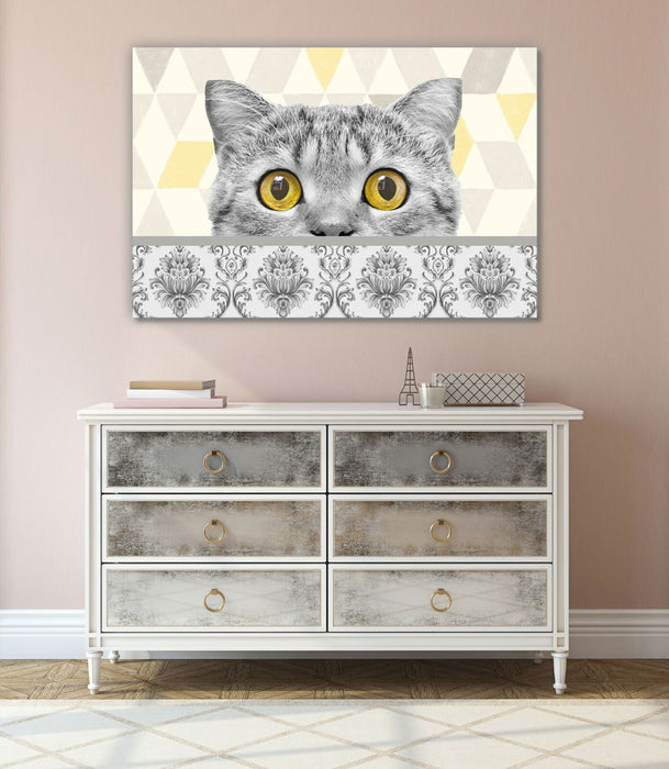 Canvas Wall Art | Peering Cat Yellow Grey Damask Framed Print 30mm Deep