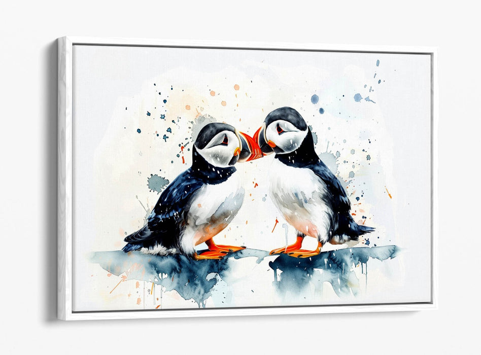 Puffins Canvas Art - Cute Couple Kissing | Premium Float Effect Frame Wall Decor