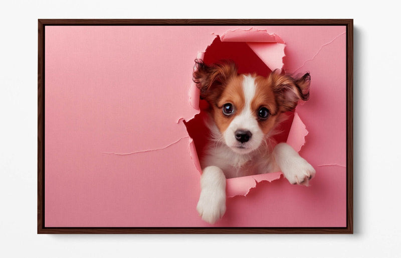 Puppy Canvas Art - Cute Puppy Print On Pink Wall Decor | Float Effect Canvas