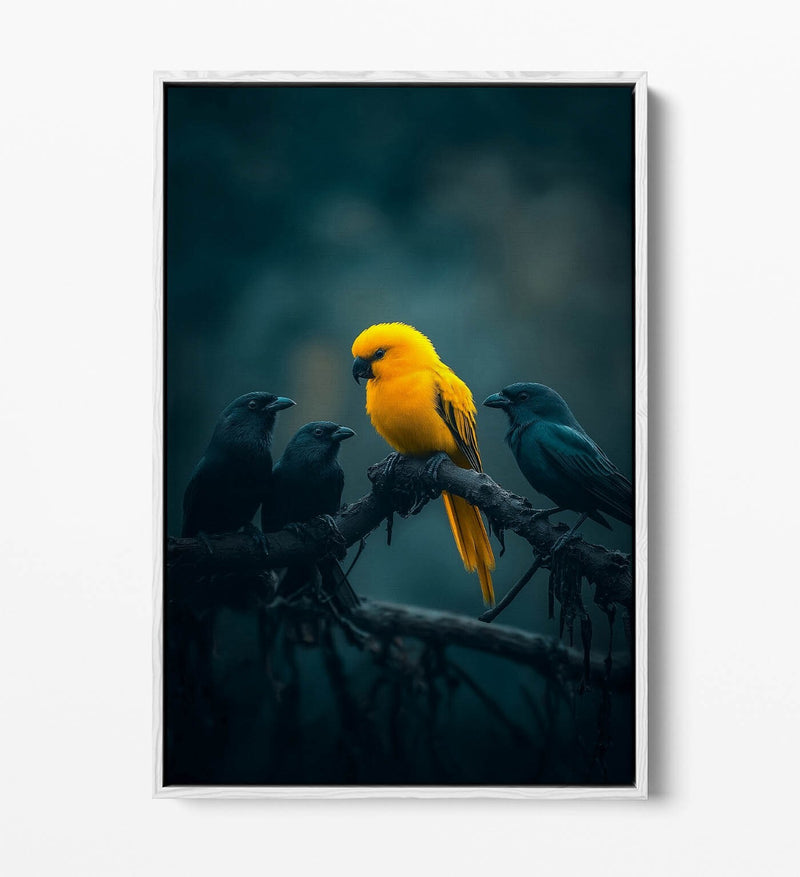 Canvas Wall Art – Yellow Bird With Black Crows | Float Effect, Ready To Hang