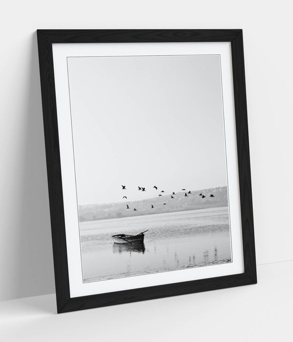 Framed Wall Art Poster - Black White Birds Flying Over Boat | UK Handmade Matte Print