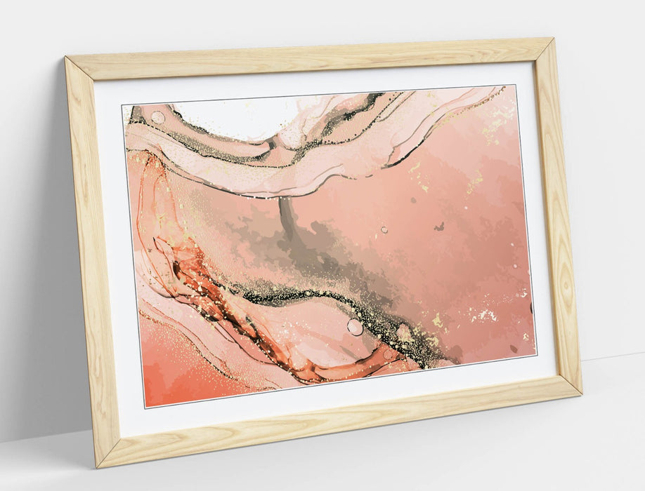 Framed Wall Art - Abstract Marble Print Pink Background With Woodgrain Frame