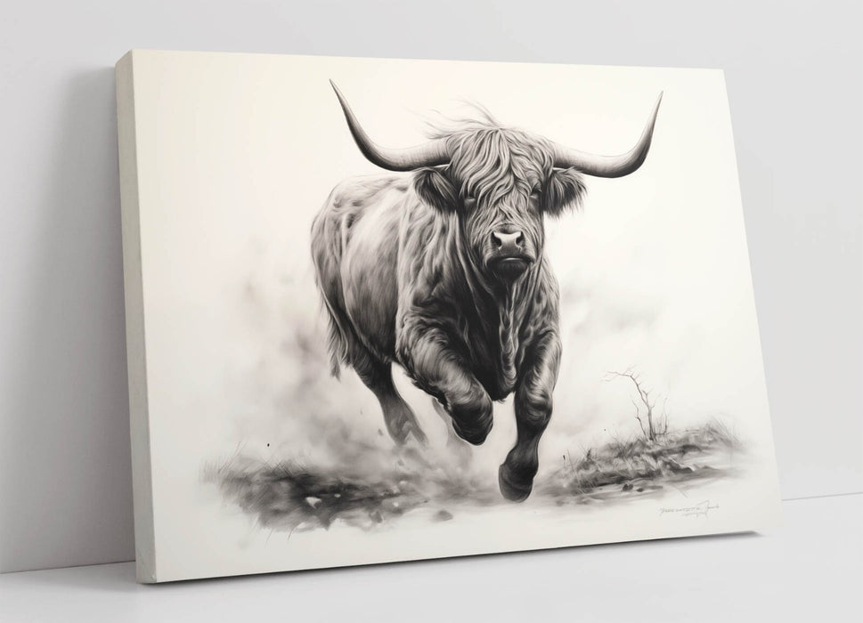 Highland Cow Canvas – Charcoal Sketch Print | Rustic Farmhouse Wall Decor