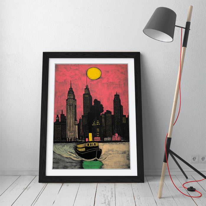 Framed Wall Art Poster – Pink River Steamboat Print With Wood Grain Frame