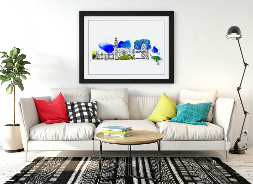 London Cityscape Wall Art – Framed Watercolour Poster Print With Wood Grain Frame