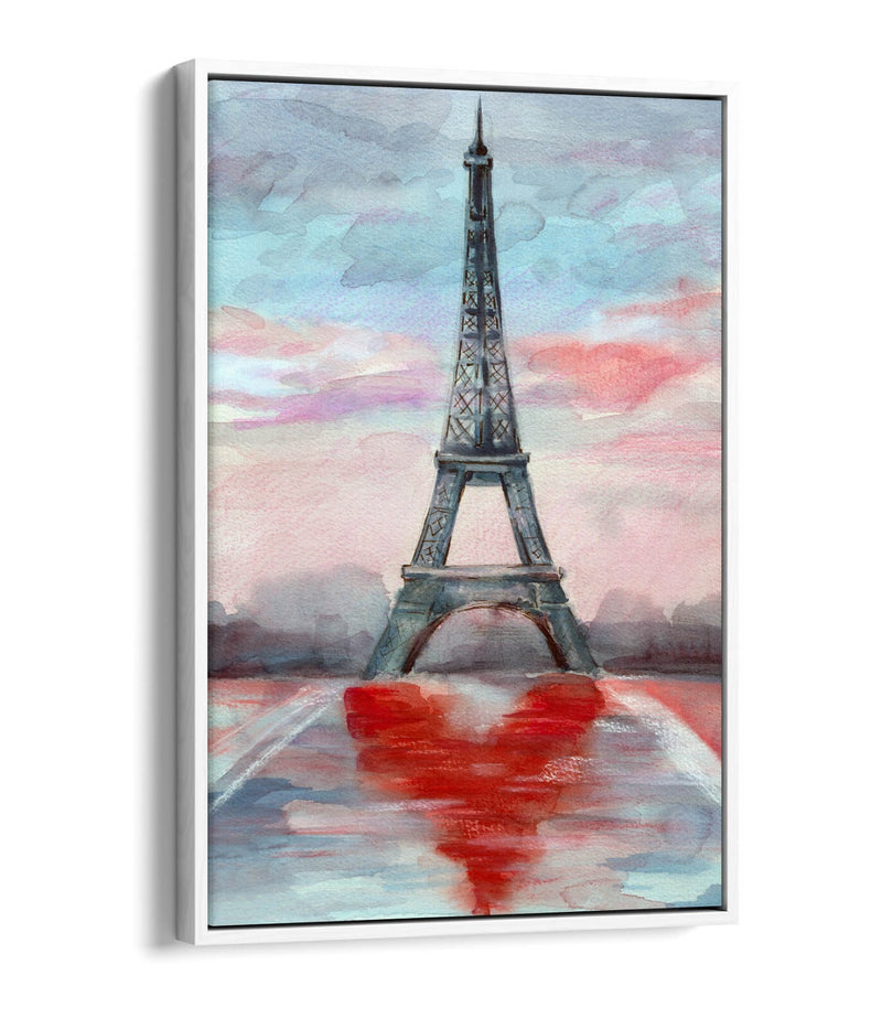 Eiffel Tower Canvas Art – Paris Watercolour Print With Heart Design | Float Effect Frame
