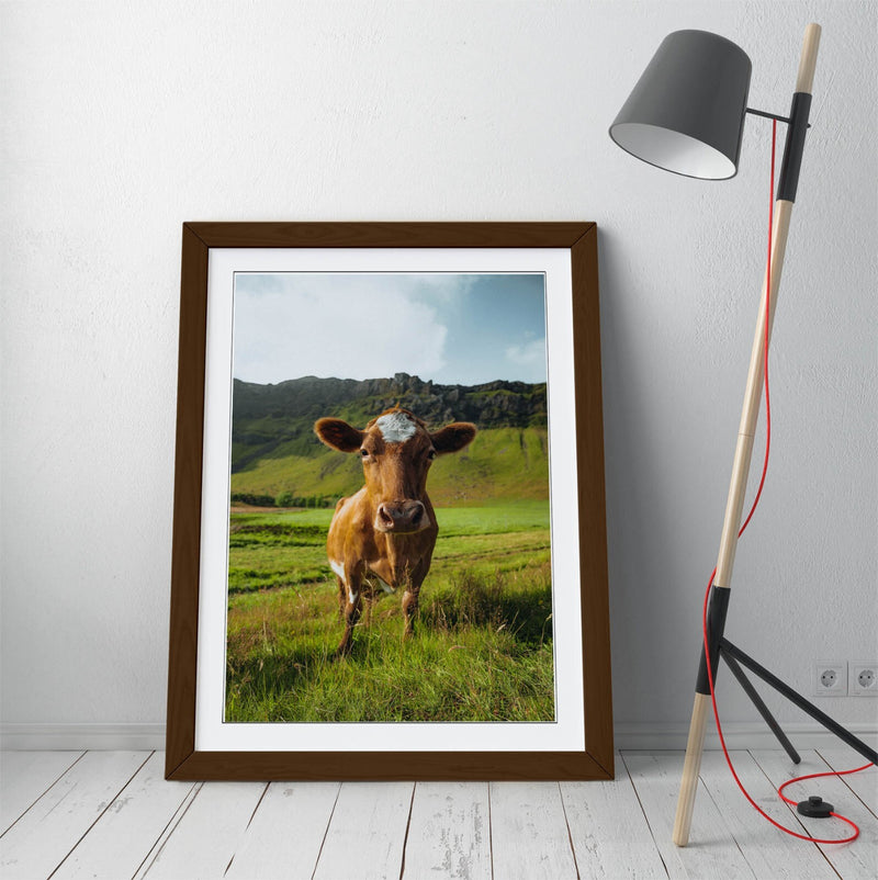 Framed Wall Art - Brown Cow In Green Field | Handmade UK Home Decor Print