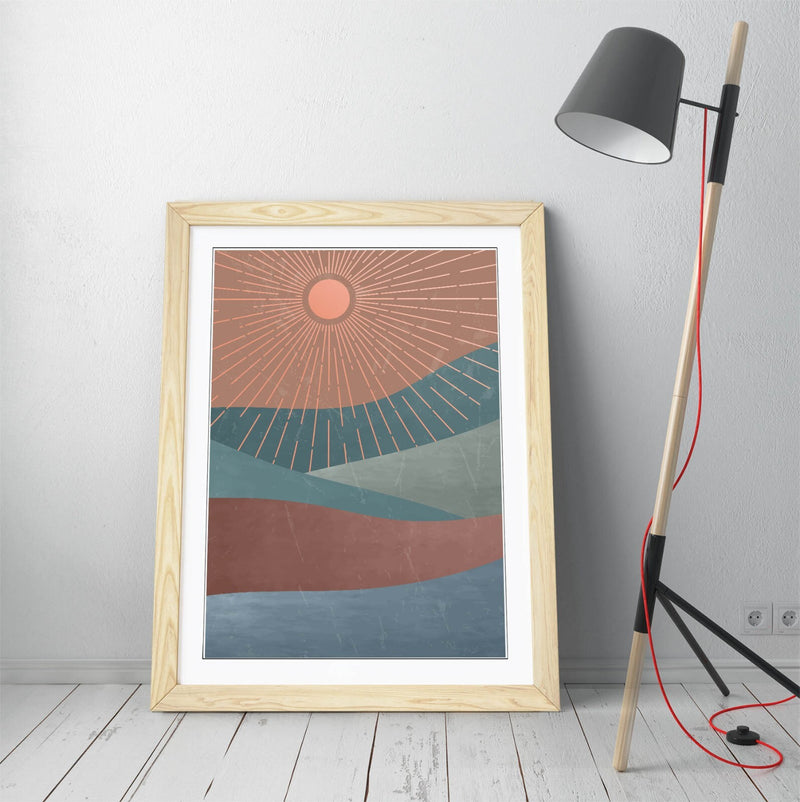 Framed Wall Art Abstract Sun Rays Mountain Art Print – Matte Paper Poster, Ready to Hang