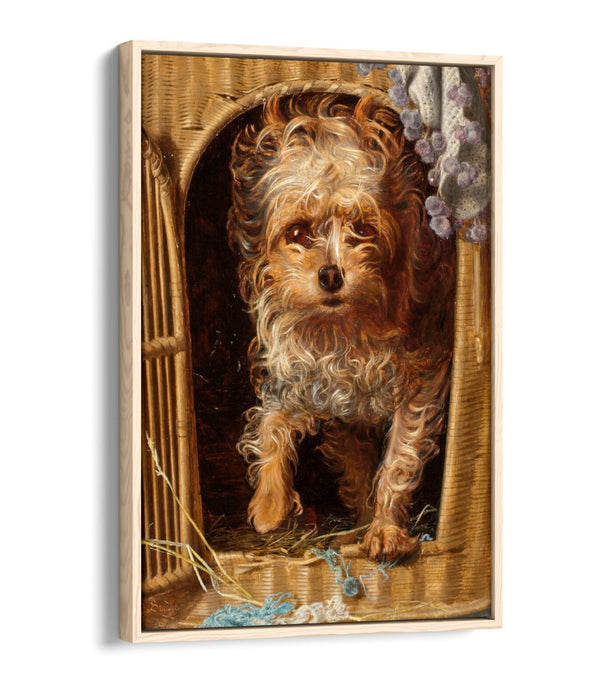 FREDERICK SANDYS, DARBY IN HIS BASKET KENNEL -FLOAT EFFECT CANVAS WALL ART PRINT