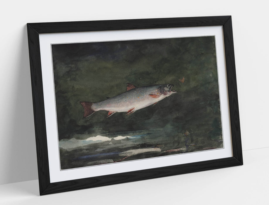 Framed Wall Art - Winslow Homer Leaping Trout Poster Print With Woodgrain Faux Frame