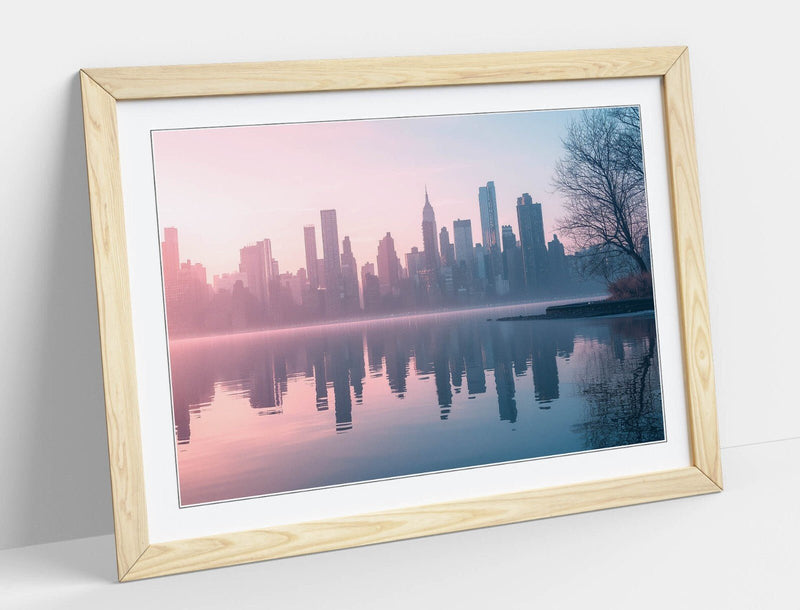 City Skyline Wall Art – Framed Urban River Reflection Poster Print with Woodgrain Frame