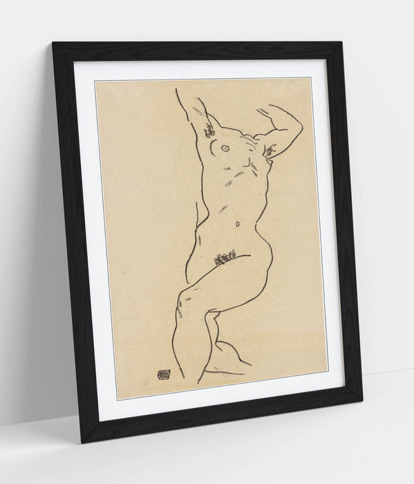 Framed Art Poster - Egon Schiele Reclining Nude Art Print With Woodgrain Frame