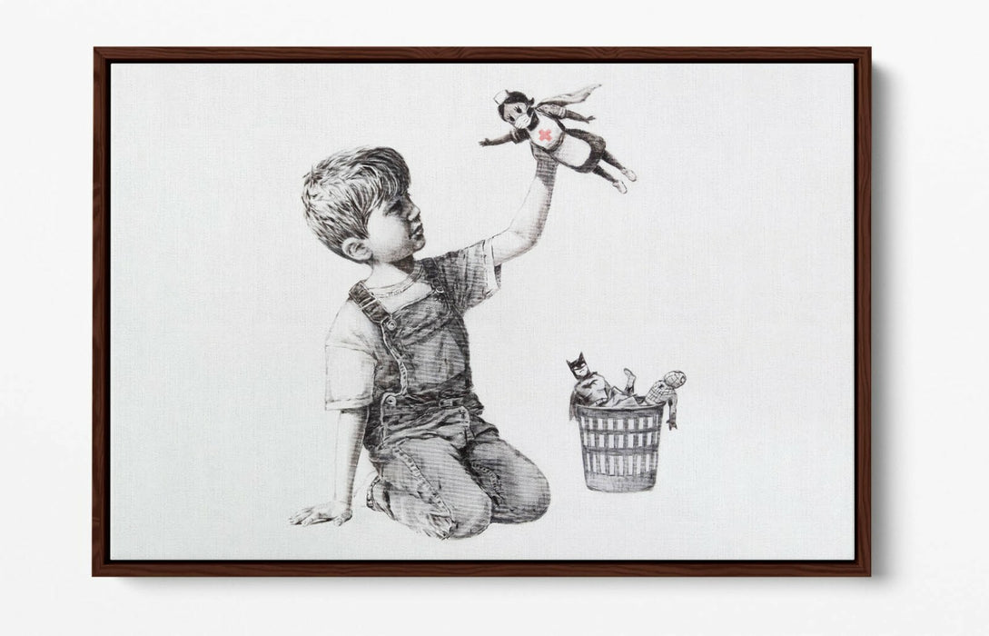 BANKSY SUPER NURSE GAME CHANGER -FLOAT EFFECT CANVAS WALL ART PIC PRINT- GREY