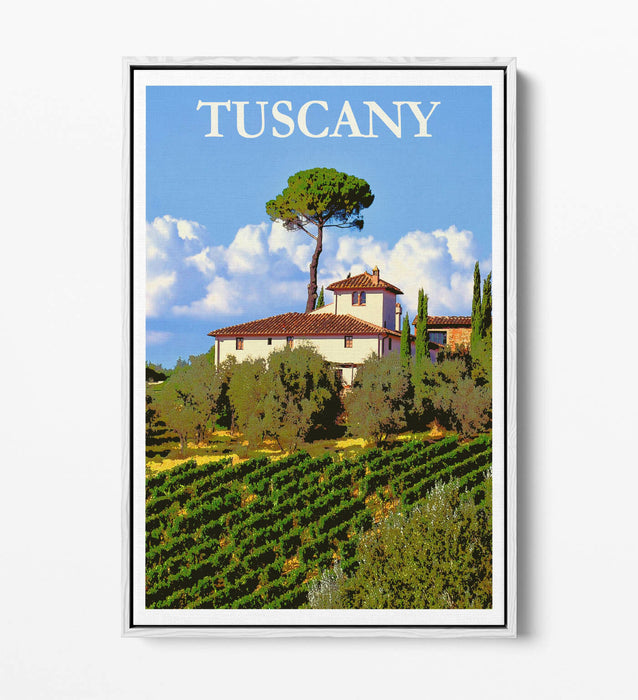 VINTAGE RETRO TUSCANY TRAVEL POSTER -FLOAT EFFECT CANVAS ART PRINT- BLUE