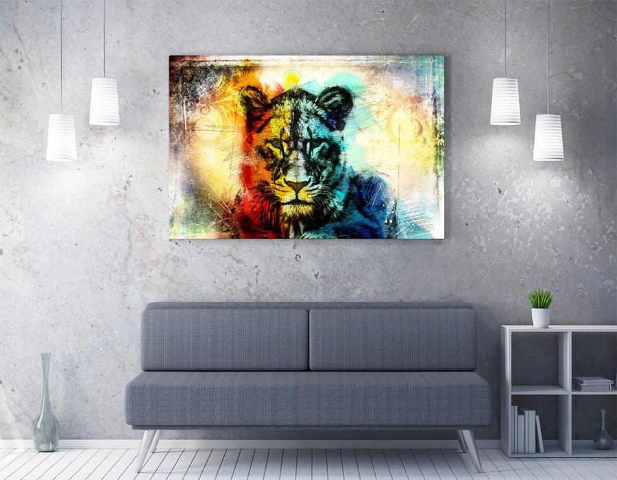 MULTI COLOUR LIONESS SKETCH -CANVAS FRAMED WALL ART PIC PRINT