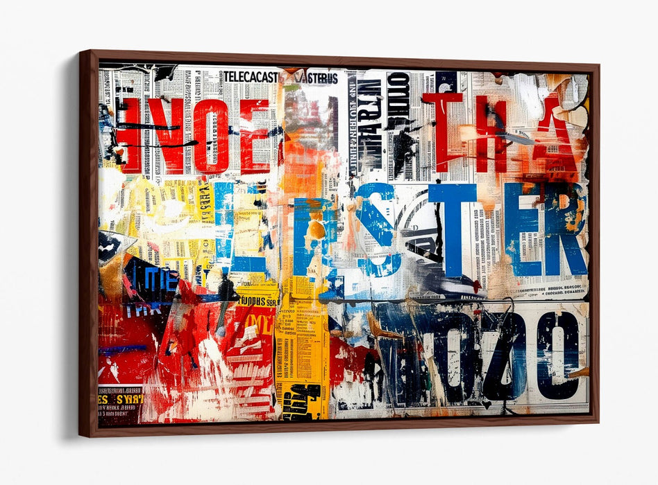 Float Effect Canvas Art – Abstract Newspaper Collage Graffiti Print on 30mm Deep Frame