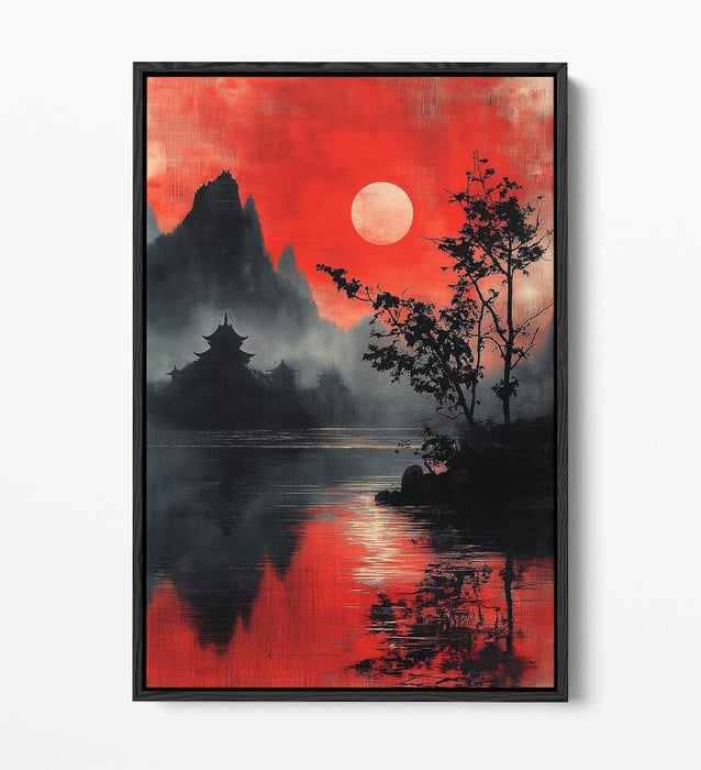 Chinese Landscape Canvas - Float Effect Art on Red Black Handmade Canvas Print