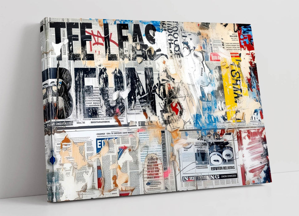 Canvas Wall Art - Abstract Newspaper Collage Graffiti Style Print on Archival Grade Canvas