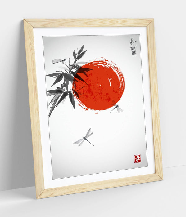 Japanese Style Wall Art - Bamboo Dragonflies Framed Poster Print | Handmade Matte Paper