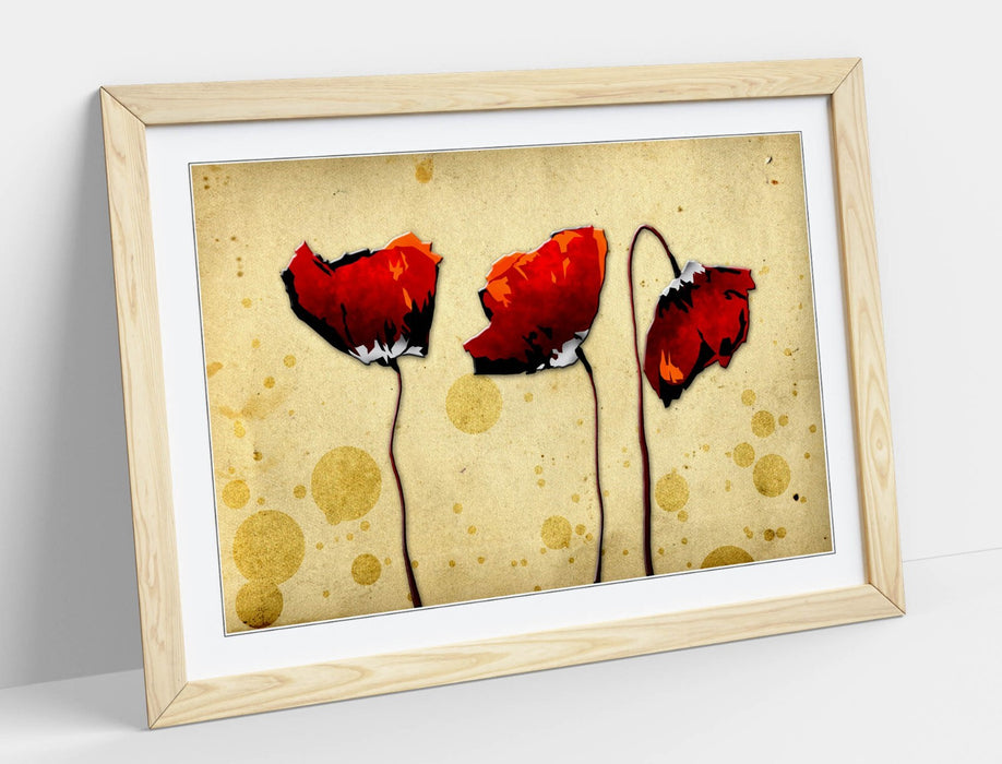 Abstract Flower Art - Red Poppies Print | Framed Wall Art with Woodgrain Frame