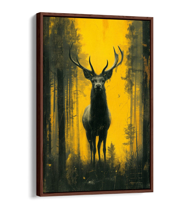 Stag Canvas Art – Black Yellow Silhouette on Float Effect Frame | Wildlife Wall Art