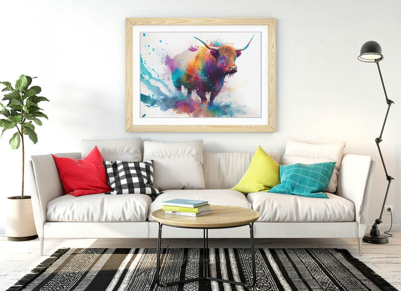 Highland Cow Wall Art – Framed Watercolour Animal Print with MDF Wood Frame
