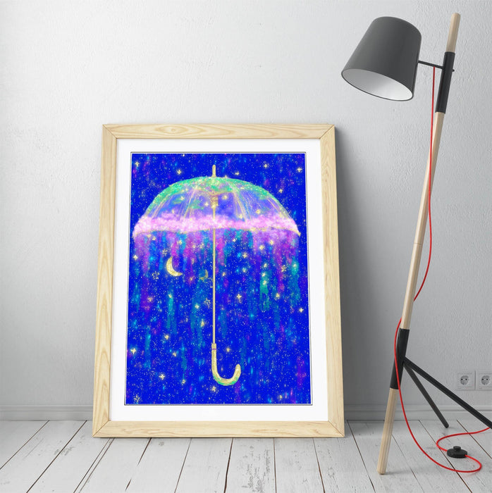 Framed Wall Art - Sparkly Umbrella Poster Print with Starry Sky in Natural Wood Frame