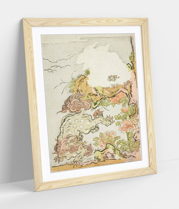 Framed Wall Art Poster Ready To Hang – Chinese Lions and Peonies Print, Handmade Archival Ink