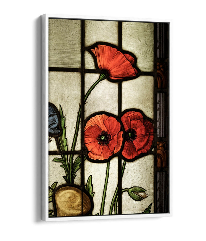 Float Effect Canvas Art - Stained Glass Poppies, Red Beige Wall Decor, Handmade UK