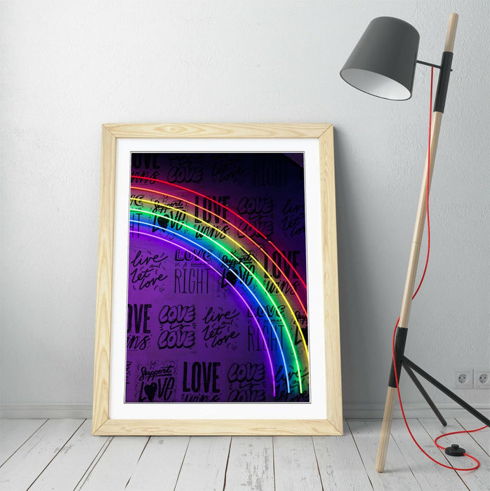 Neon Lights Rainbow Sign - Framed Poster Art With Woodgrain Frame Finish