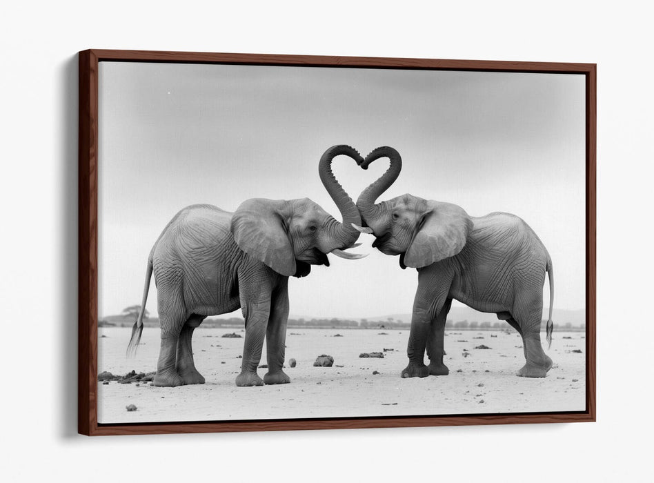 Canvas Wall Art - Black White Elephants Love Heart Float Effect Print