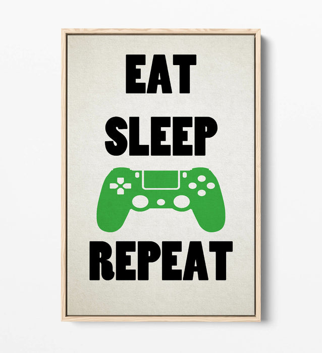 "EAT SLEEP GAME REPEAT" FUNNY GAMER QUOTE -FLOAT EFFECT CANVAS WALL ART PRINT