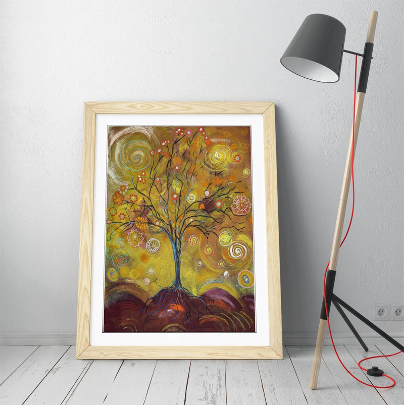 Tree Of Life Art - Whimsical Wall Print Framed Wall Art With Wood Grain Frame