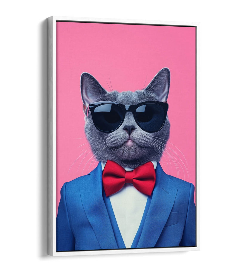 Cat Canvas Wall Art - Funny Cat Wearing Bow Tie & Sunglasses | Premium Float Frame