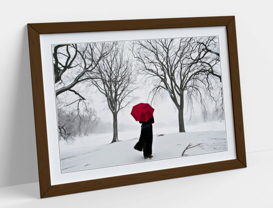 Framed Art Print - Red Umbrella Artwork | Snow Scene Print With Wood Grain Frame