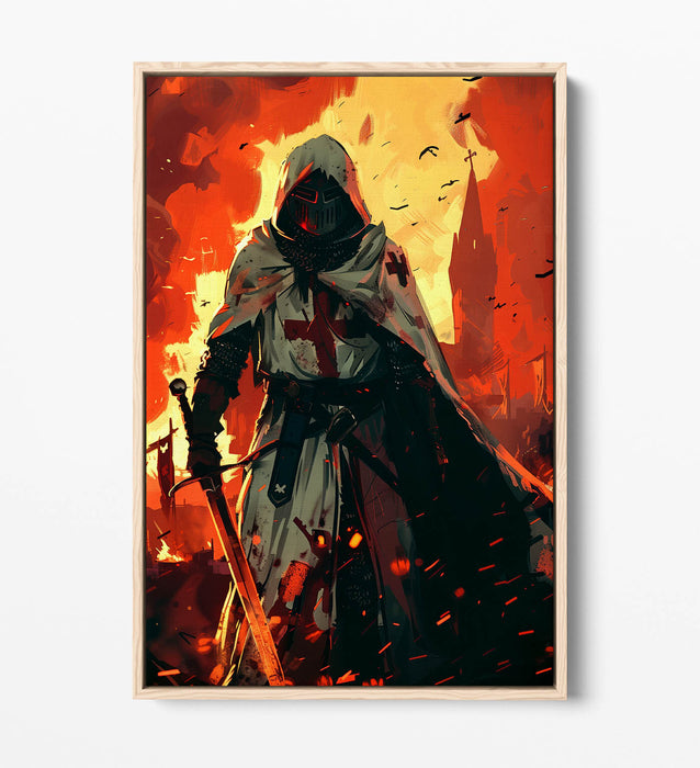 Medieval Canvas Art - Knight Wall Decor With Burning City Float Effect Print