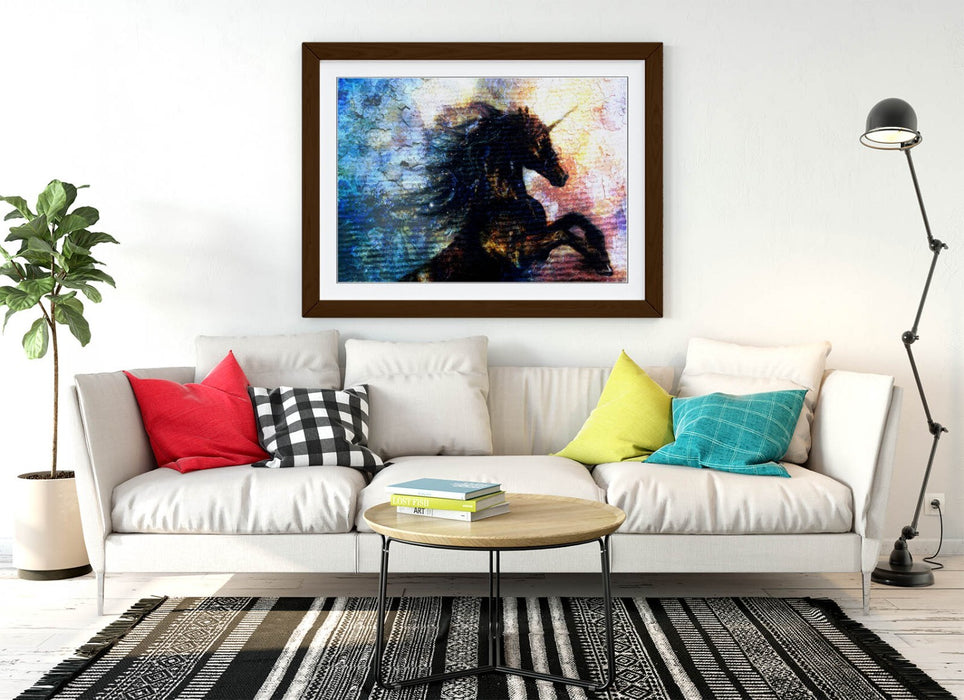 Unicorn Wall Art – Black Shadow Multi Colour Framed Poster Print, Handmade UK