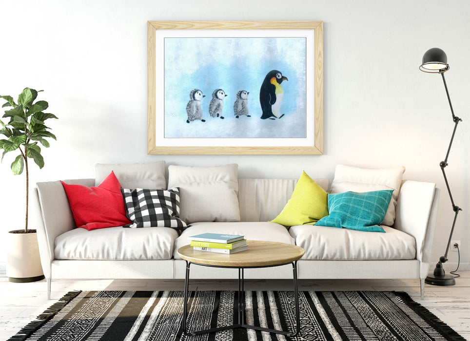 Baby Penguin Wall Art - Framed Art Print With Woodgrain Frame | Cute Animal Artwork