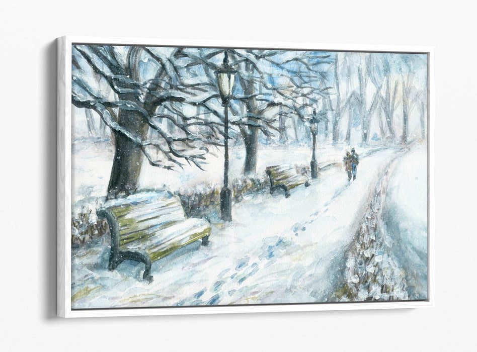 COUPLE WALKING IN SNOWY PARK WINTER FLOAT EFFECT CANVAS WALL ART PRINT