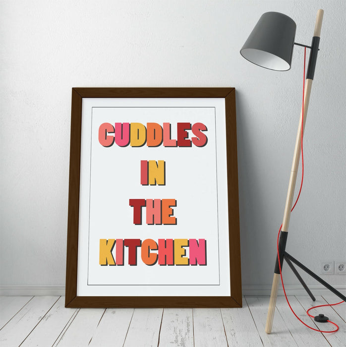 "CUDDLES IN THE KITCHEN" HAPPY FUN QUOTE -FRAMED WALL ART PICTURE PRINT- ORANGE