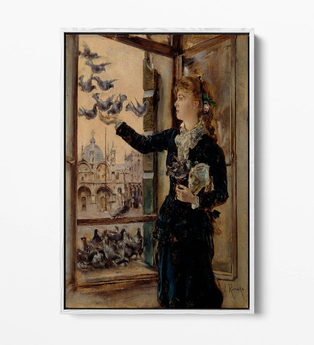 Canvas Wall Art Print – Girl Feeding Pigeons | Float Effect Handmade Canvas Art