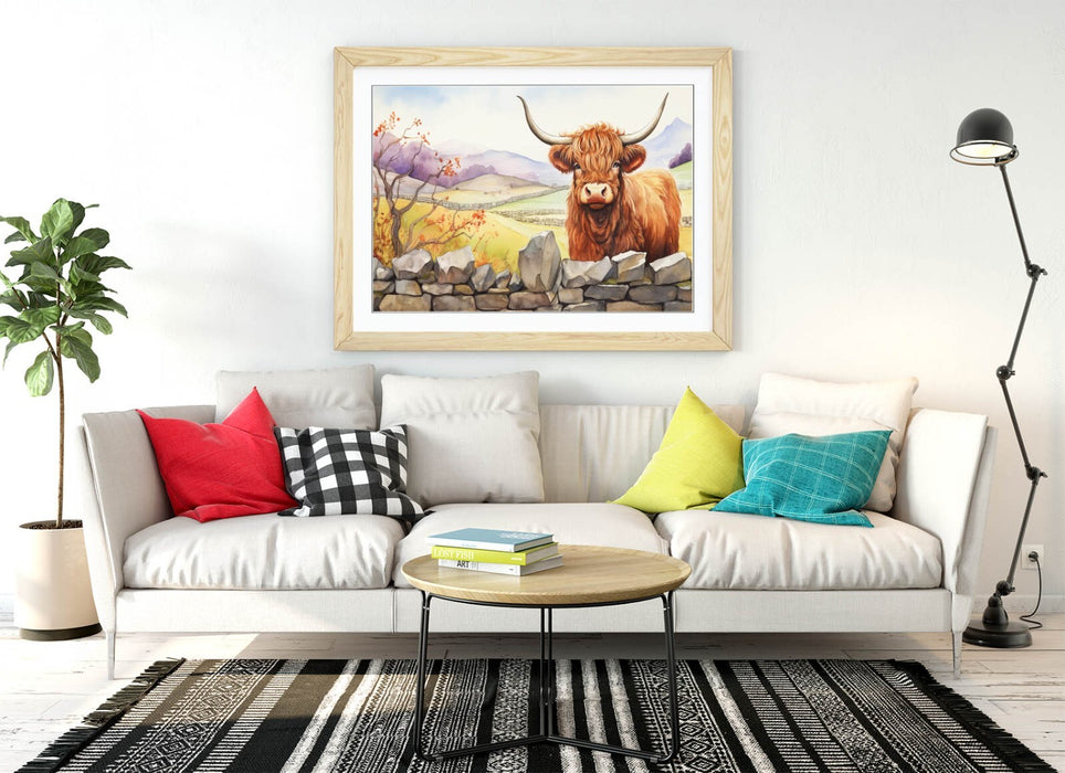 Highland Cow Wall Art – Rustic Framed Print on Matte Paper Poster for Home Decor