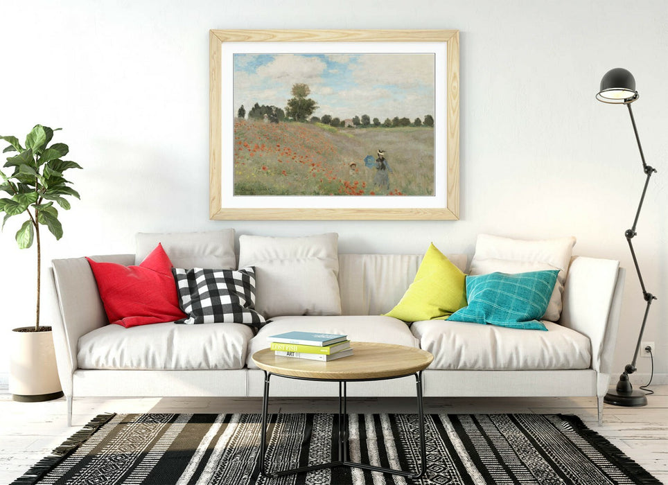 Claude Monet Poster - Framed Art Print with Blue Red Poppy Field Artwork