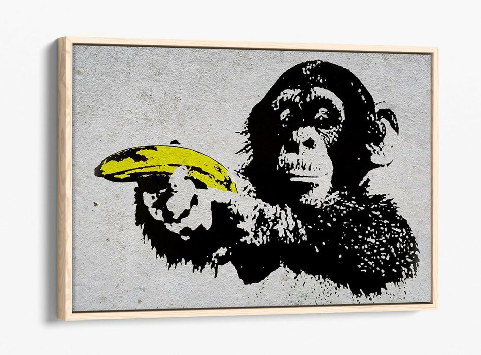 BANKSY MONKEY BANANA GUN -FLOAT EFFECT CANVAS WALL ART PIC PRINT- YELLOW BLACK
