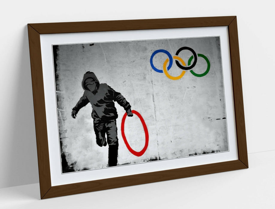 BANKSY OLYMPIC RINGS -ART FRAMED POSTER PICTURE PRINT ARTWORK- RED YELLOW BLUE