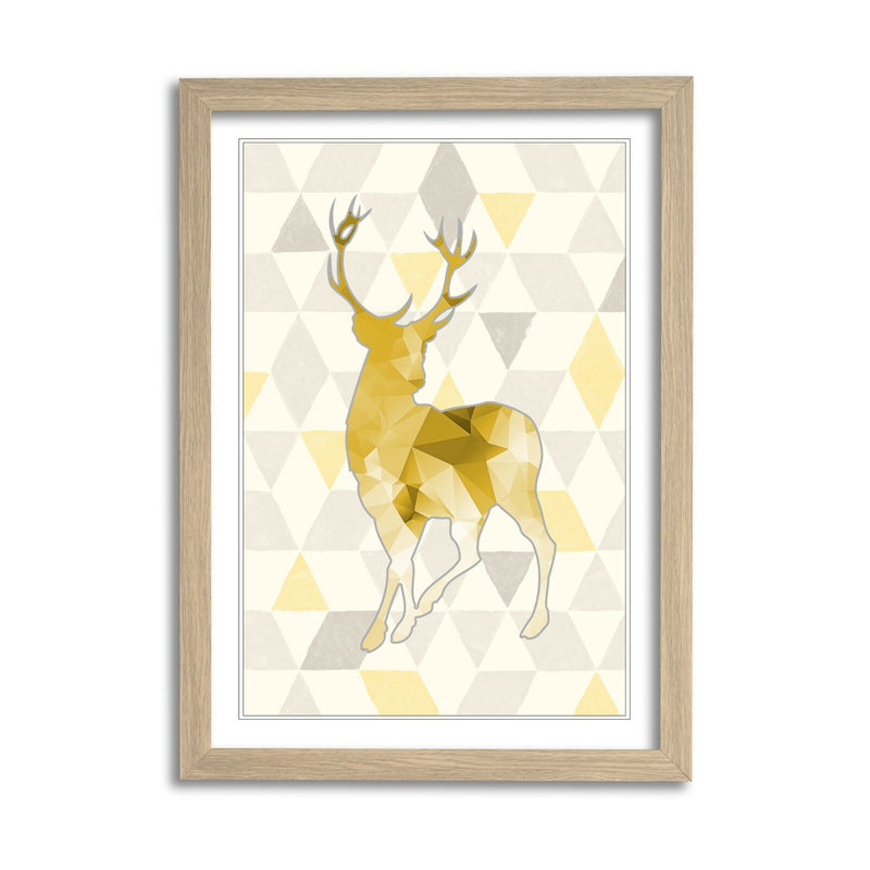 Framed Wall Art Print - Mustard Yellow Geometric Stag Artwork With Natural Wood Frame