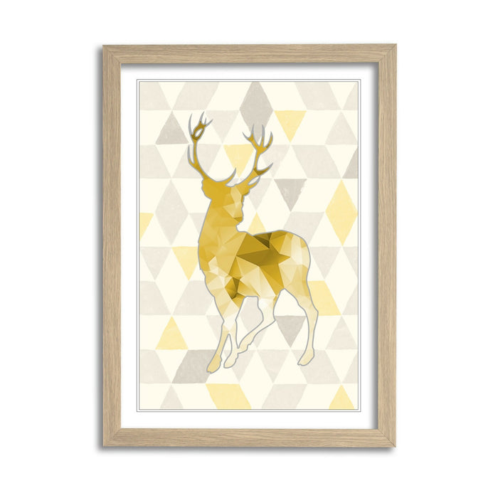 Framed Wall Art Print - Mustard Yellow Geometric Stag Artwork With Natural Wood Frame