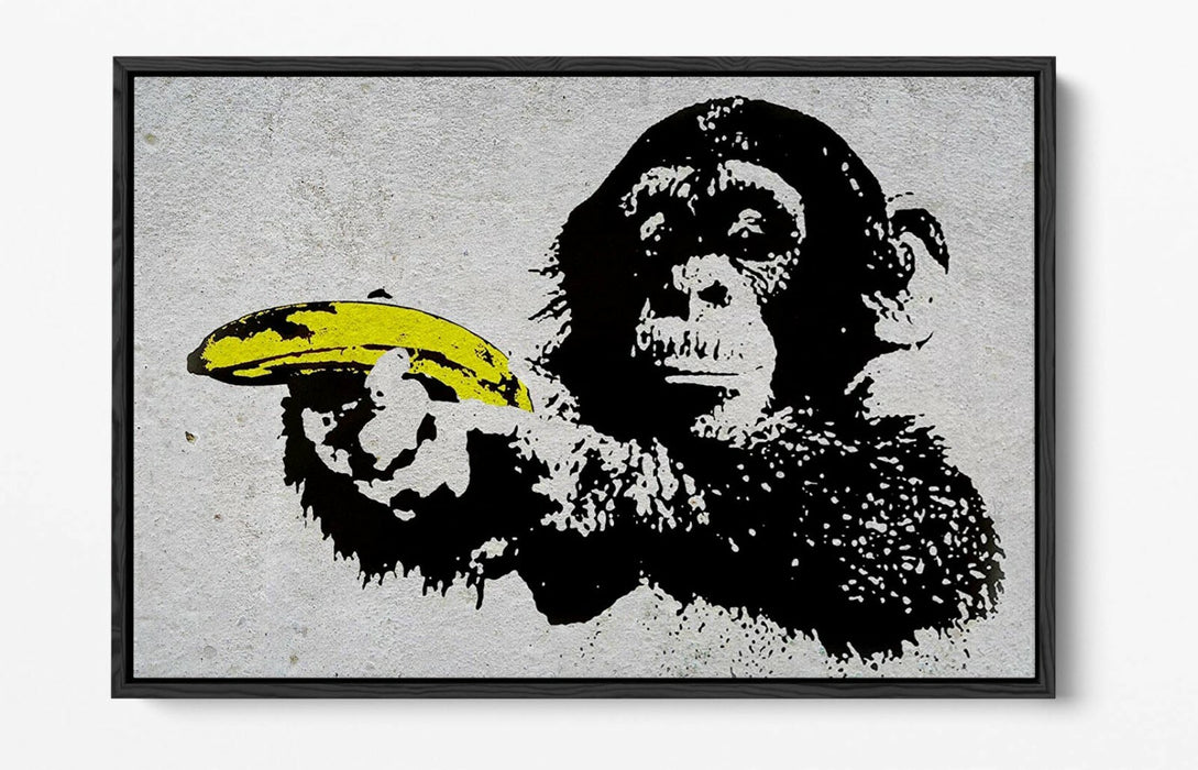 BANKSY MONKEY BANANA GUN -FLOAT EFFECT CANVAS WALL ART PIC PRINT- YELLOW BLACK