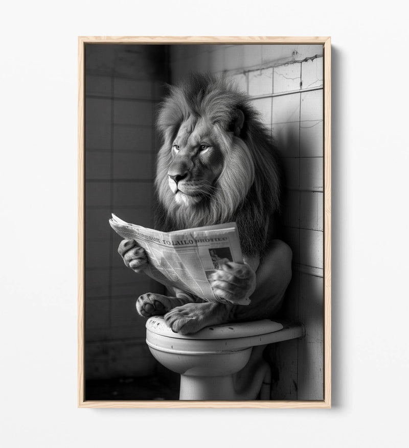 Funny Lion Canvas Art - Humorous Bathroom Wall Decor | Float Effect Canvas Print