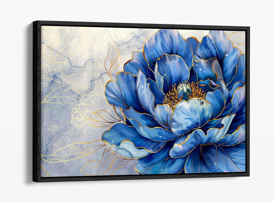 Blue Peony Canvas – Handmade Flower Art With Glittery Edge Print & Float Effect Frame